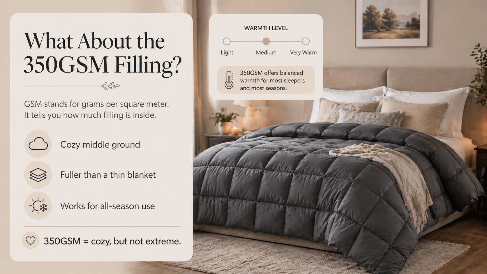 A diagram explaining 350GSM filling in a grey comforter, showing it as a medium warmth level suitable for all seasons.
