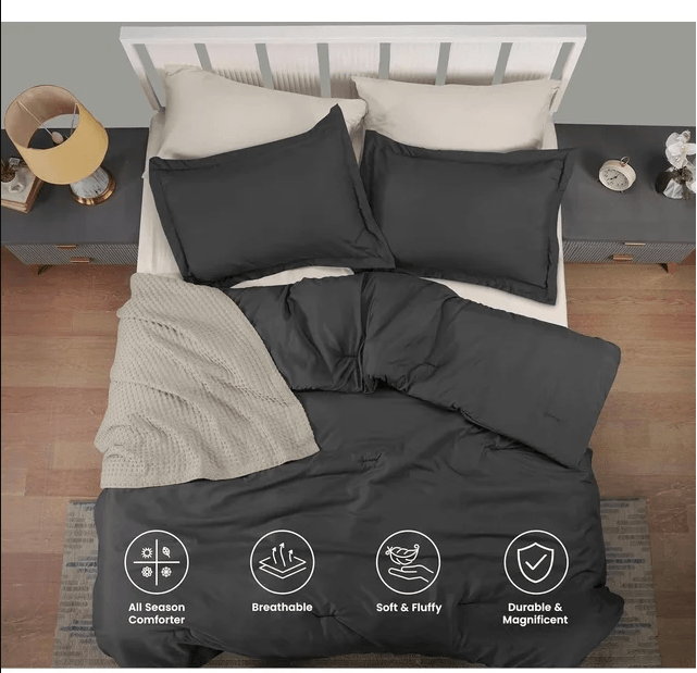 A serene and cozy bedroom featuring a plush white alternative down comforter on a queen bed, representing all-season comfort for Canadian sleepers.