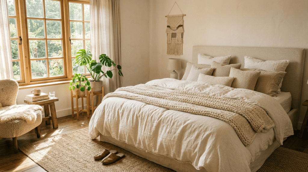 A serene, cozy bedroom with a plush bed and warm sunlight, representing the importance of quality sleep for health.
