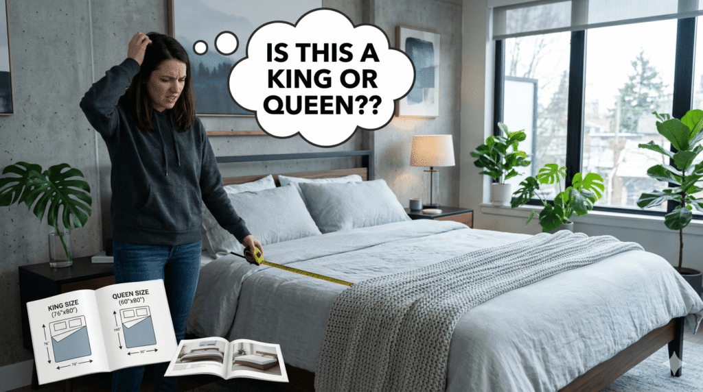 A person measuring a bed with a tape measure, confused between King and Queen size mattress dimensions.
