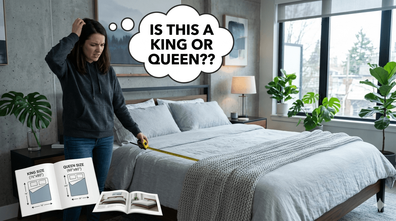 A person measuring a bed with a tape measure, confused between King and Queen size mattress dimensions.