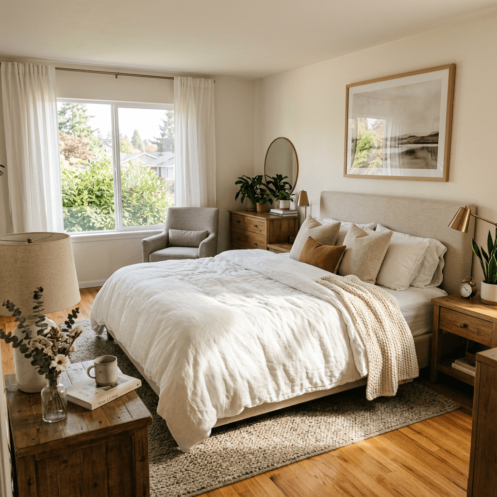 A room with perfect light, a fluffy white comforter, perfect for bedroom and good sleep