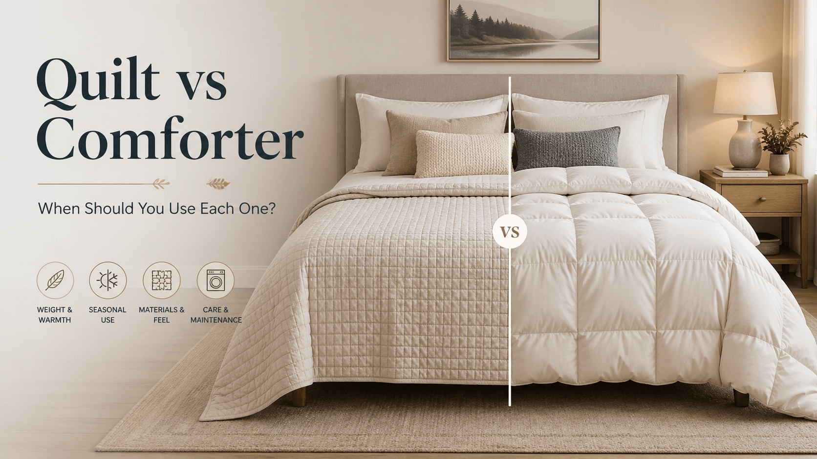 A side-by-side comparison of a thin beige quilt and a fluffy white comforter on a bed, featuring icons for weight, seasonal use, materials, and care.