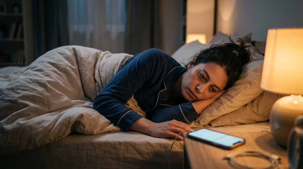 Woman lying in bed looking at smartphone with thoughtful expression