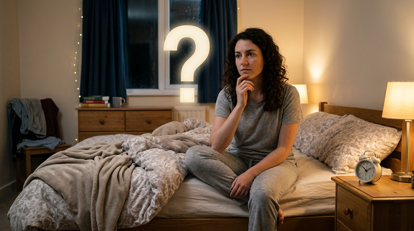 Woman sitting cross-legged on bed with hand on chin, question mark symbol floating