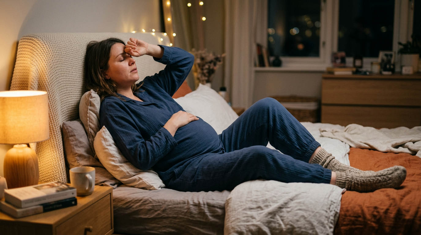 Pregnant woman in blue pajamas reclining on bed, holding her belly and forehead, appearing tired