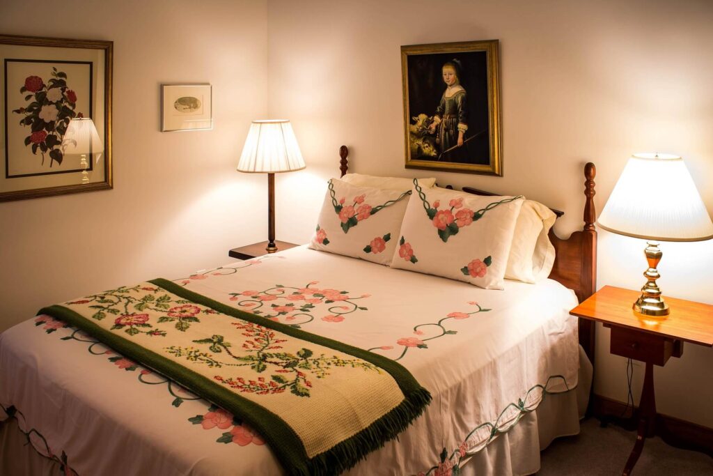 cozy bedroom with lamp and blanket