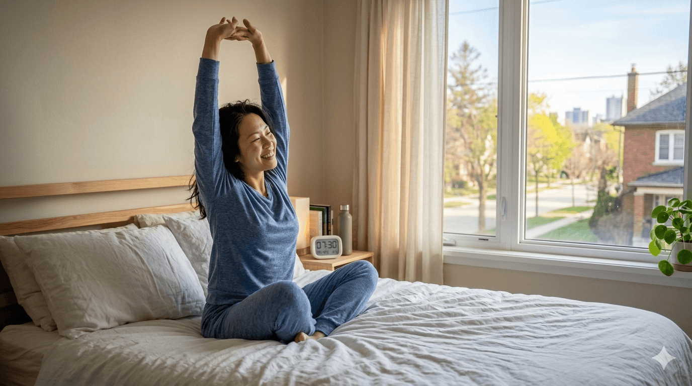 A happy woman waking up refreshed in a cozy sunlit bedroom, illustrating the benefits of a high-quality mattress and pillow.