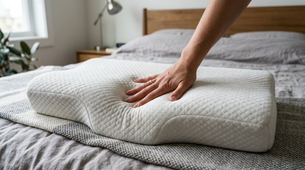 Mkicesky orthopedic cervical memory foam pillow for neck pain relief on a cozy bed, perfect for side and back sleepers in Canada.