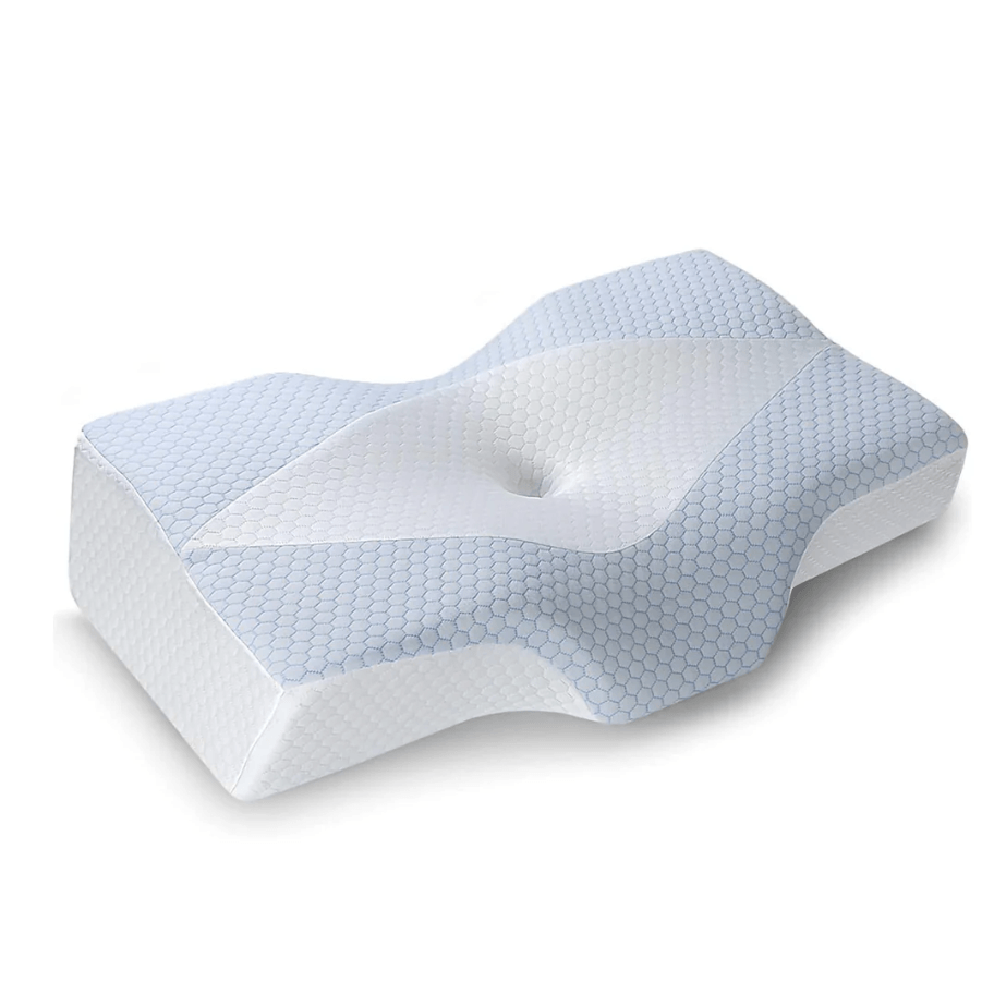 A white Mkicesky orthopedic memory foam pillow featuring a contoured center for cervical neck support.