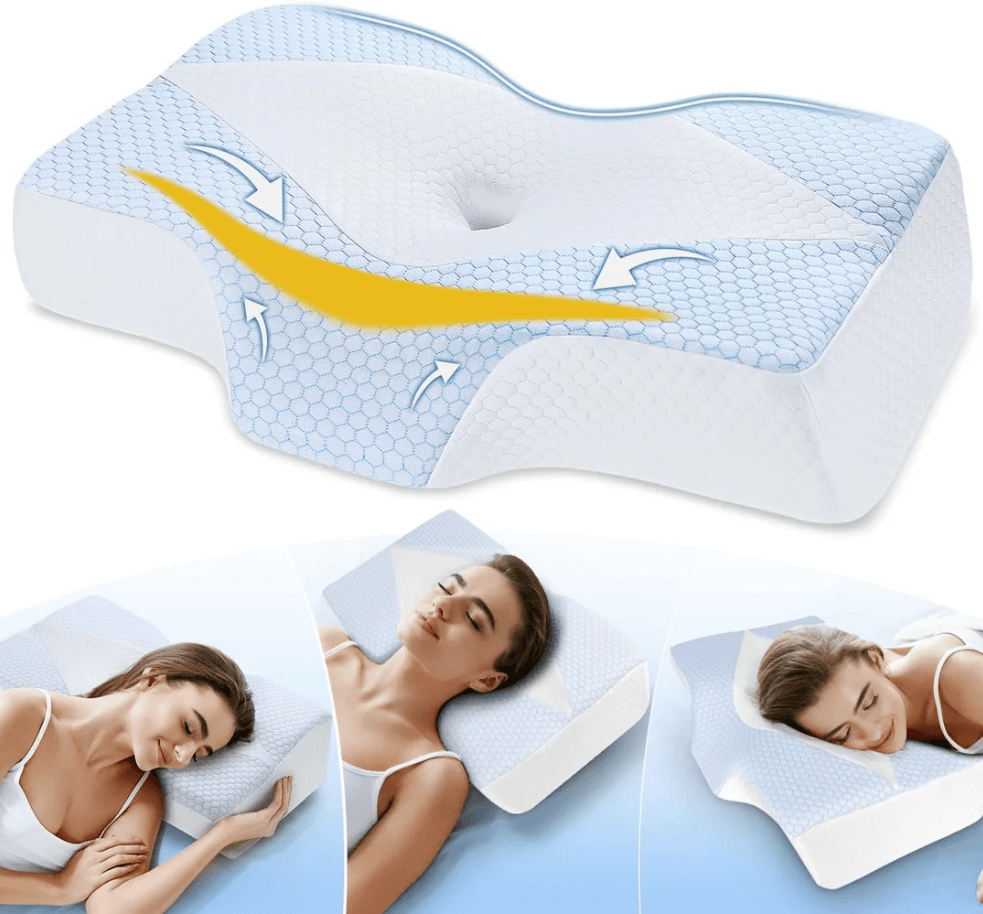 Infographic of the Mkicesky pillow showing correct neck alignment for side and back sleepers.