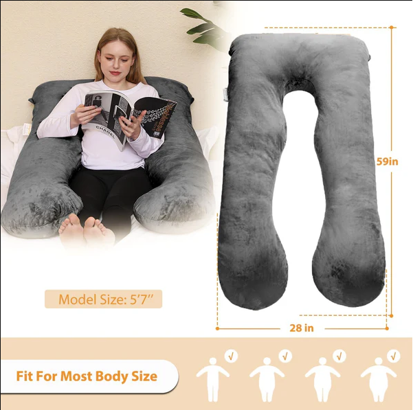 Dimensions of Chilling Home pregnancy pillow showing 59 inches length and 28 inches width.