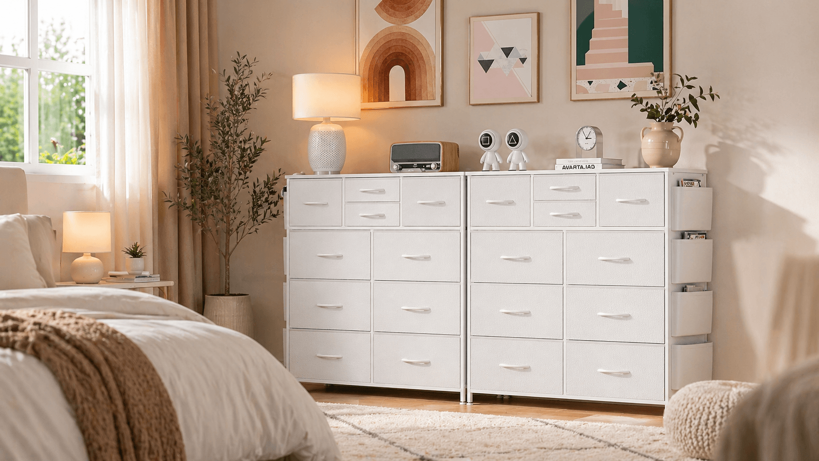 A beautiful, modern white 12-drawer dresser in a cozy, sunlit bedroom setup, showing storage and decor ideas.