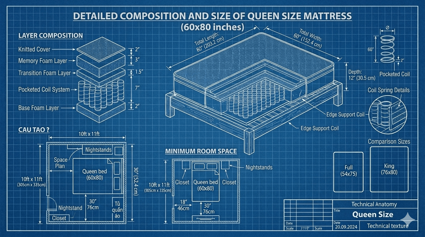 Technical blueprint of a Queen size mattress showing layer composition, dimensions 60x80 inches, and bedroom floor plan layout.