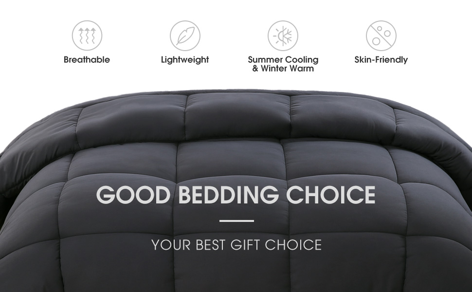 Close-up of a grey quilted comforter with icons highlighting breathable, lightweight, skin-friendly, and all-season temperature control