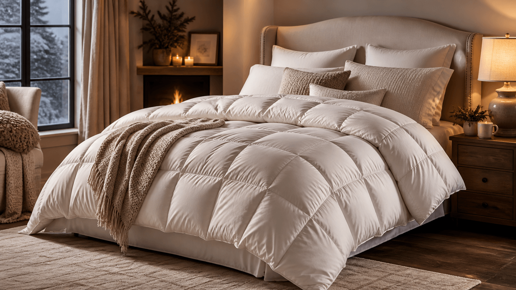 A thick, fluffy white comforter with a box-stitch pattern on a bed in a cozy room with a fireplace.