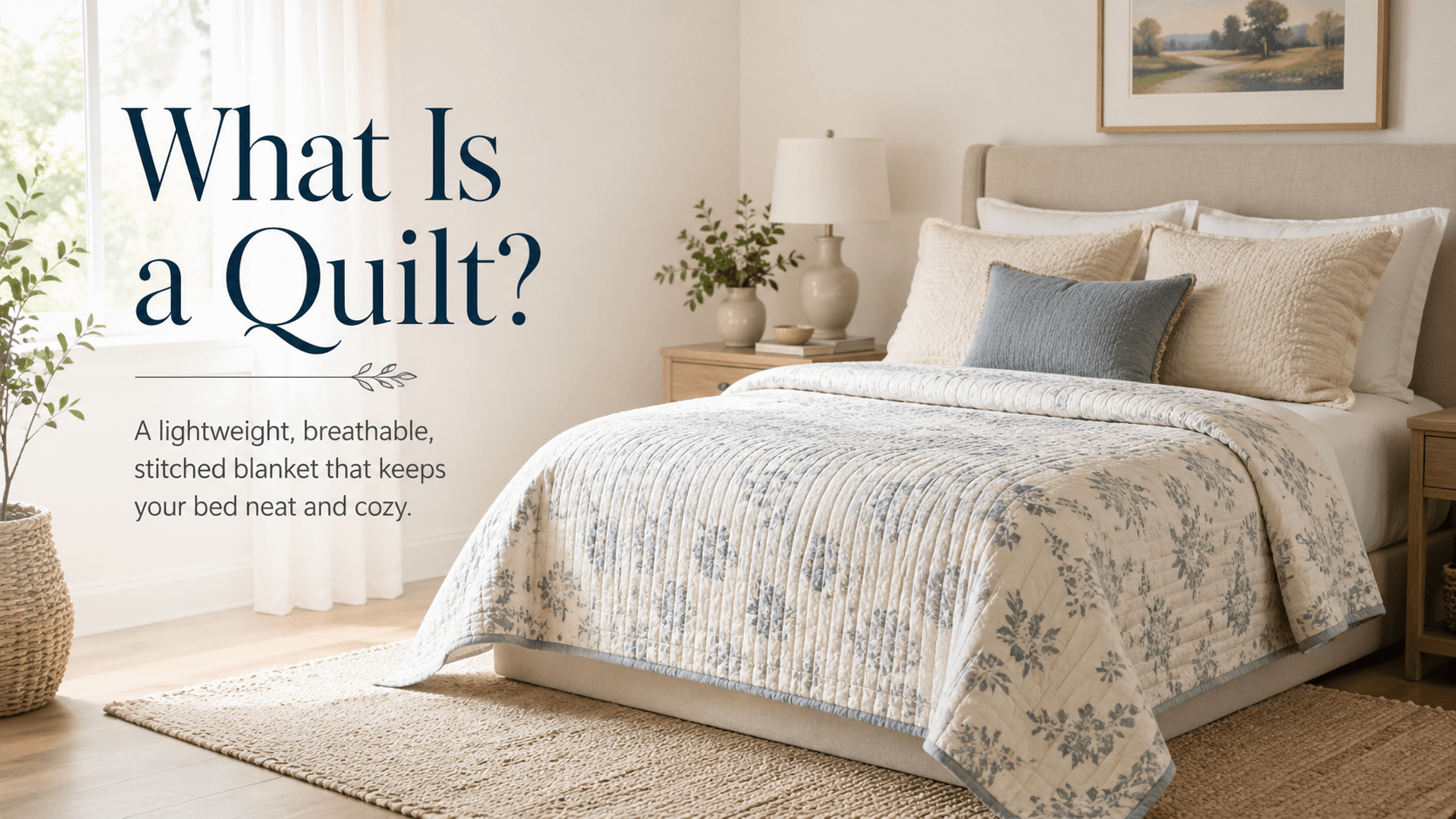 A floral patterned quilt on a bed in a bright room, with text defining a quilt as a lightweight, breathable, stitched blanket.
