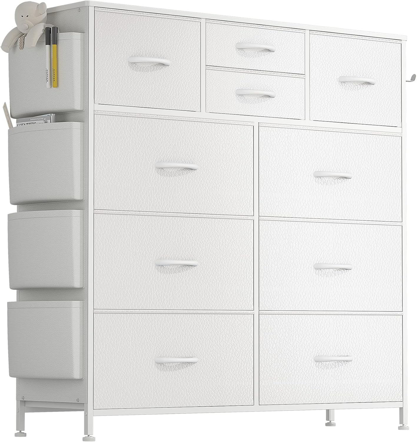 Modern white 12-drawer fabric dresser with side storage pockets and metal frame for bedroom organization.