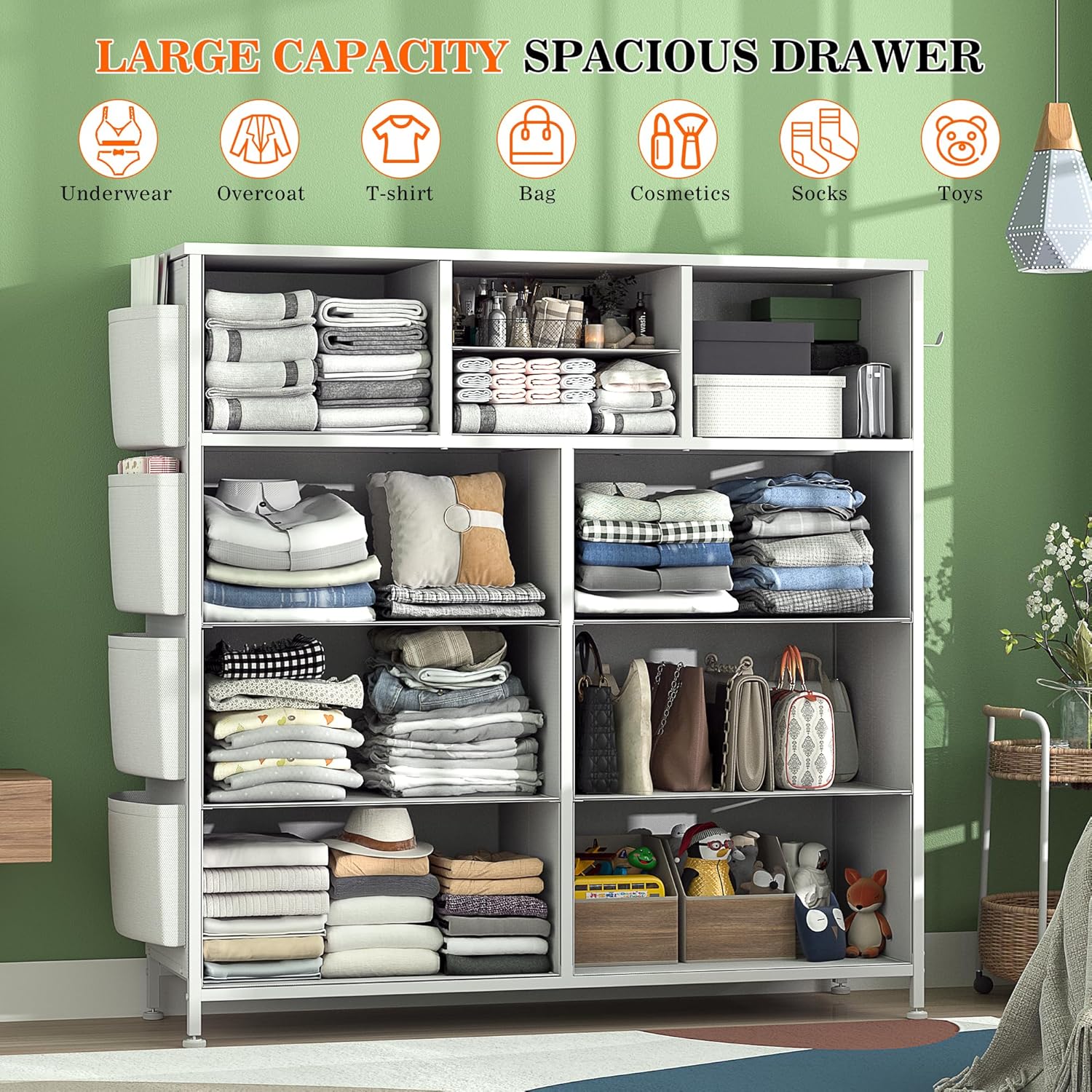 Large capacity spacious drawer dresser showing storage for clothes, bags, cosmetics, and toys.