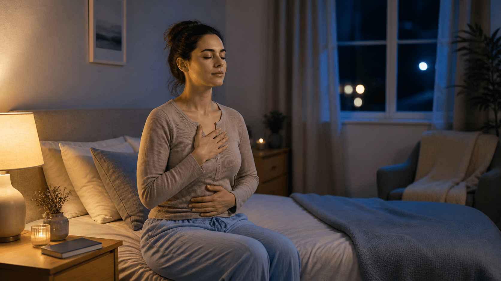Woman practicing slow breathing on bed before sleep