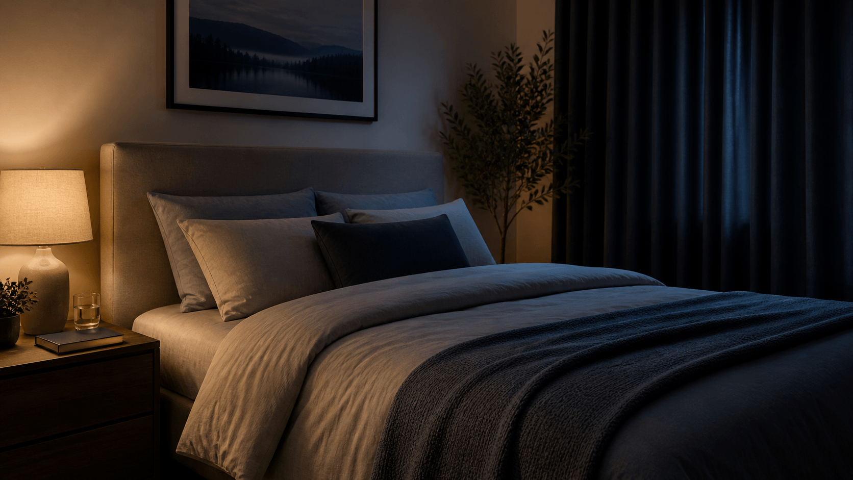 Cozy dark bedroom with warm bedside lamp for better sleep