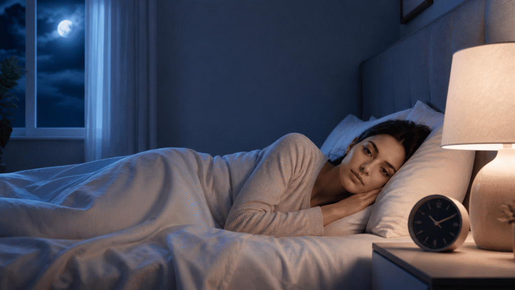 Woman lying awake in bed at night trying to fall asleep fast