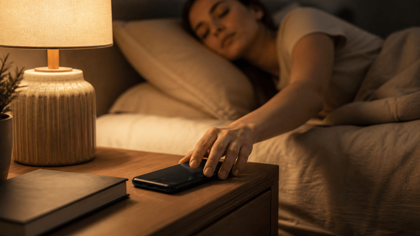 Person putting phone away before bedtime to fall asleep faster
