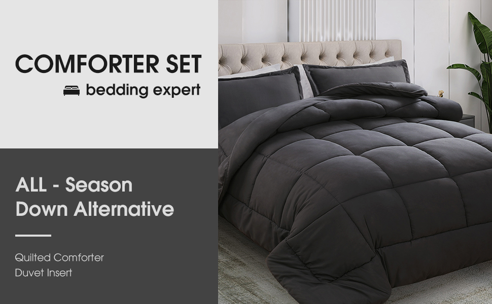Dark grey quilted comforter set on a bed, labeled as an all-season down alternative duvet insert.